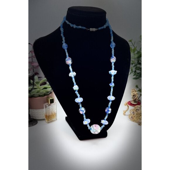 Vintage Italian Venetian Murano Art Glass Wedding Cake Blue Bead Necklace Rare - Picture 2 of 9